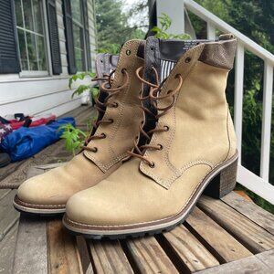 LL Bean Women's Boots Size 8.5 Block Heel Lug Sole Tan Chestnut Leather Lace Up